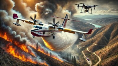 Bir yangın söndürme uçağı (Super Scooper), Los Angeles’ın kuzeybatısında meydana